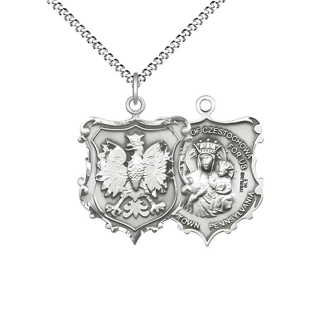 Medium size Our Lady of Czestochowa and Falcon sterling silver shield medal with rhodium-plated chain