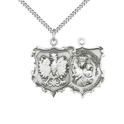 Medium size Our Lady of Czestochowa and Falcon sterling silver shield medal with rhodium-plated chain
