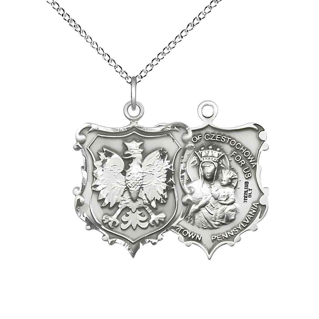 Medium size Our Lady of Czestochowa and Falcon sterling silver shield medal with sterling silver chain (view 2)
