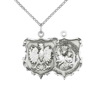 Medium size Our Lady of Czestochowa and Falcon sterling silver shield medal with sterling silver chain (view 2)