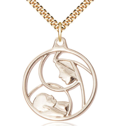 Large Gold-filled Round Madonna and Child Pendant Necklace w/Plated Chain, Bliss Manufacturing