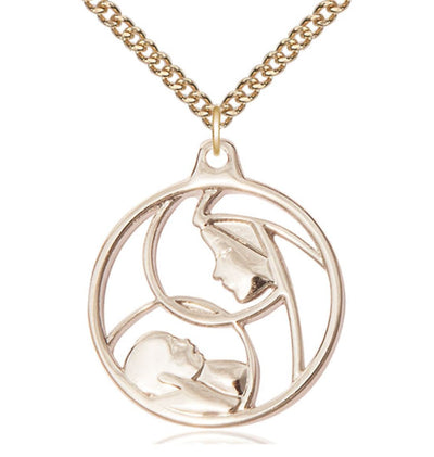 Large Gold-filled Round Madonna and Child Pendant Necklace w/Gold-filledChain, Bliss Manufacturing