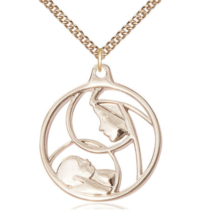 Large 14kt Gold Round Madonna and Child Pendant Necklace w/14kt Gold Chain, Bliss Manufacturing