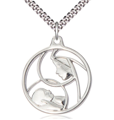 Large Sterling Round Madonna and Child Pendant Necklace w/Plated Chain, Bliss Manufacturing