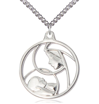 Large Sterling Round Madonna and Child Pendant Necklace w/Sterling Silver Chain, Bliss Manufacturing