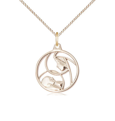 Gold-filled Round Medium Madonna and Child Pendant Necklace w/Gold-filled Chain, Bliss Manufacturing