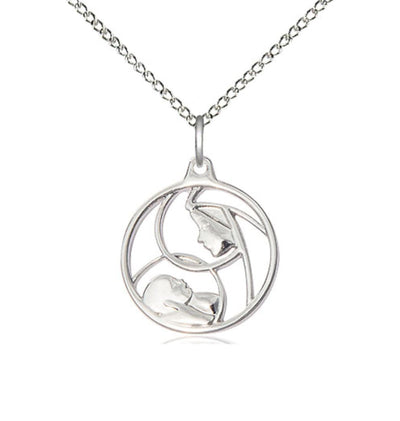 Sterling Round Medium Madonna and Child Pendant w/Sterling Chain, Bliss Manufacturing