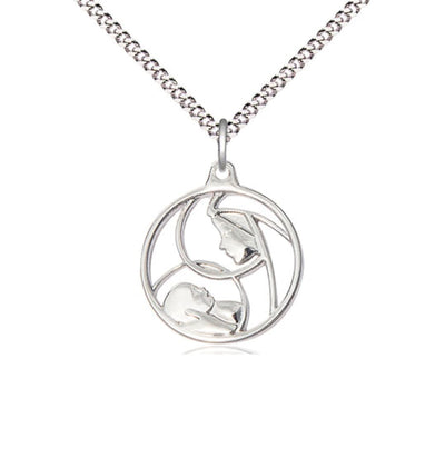 Sterling Round Medium Madonna and Child Pendant w/Plated Chain, Bliss Manufacturing