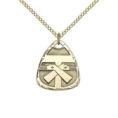 Small Franciscan Tau Cross with Coat of Arms 14kt Gold Medal with a 14kt Light Curb Chain, 3/4-inch tall by 5/8-inch wide, Bliss Manufacturing