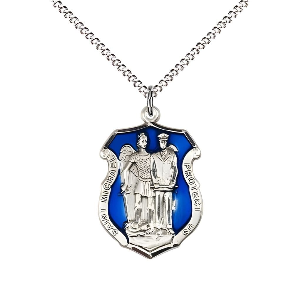 Bliss St. Michael and Police Officer Blue Pewter Oval Medal Pendant with Rhodium-plated Chain, Measures 3/4-inch tall by 1/2-inch wide. Deluxe Gift Box.