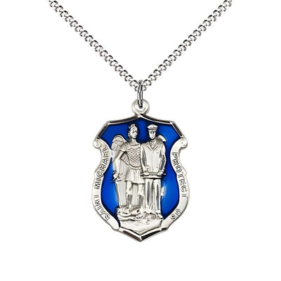 St. Michael and Police Officer Blue Pewter Oval Medal Pendant with Rhodium-plated Chain, Measures 3/4-inch tall by 1/2-inch wide. Deluxe Gift Box, Bliss Manufacturing