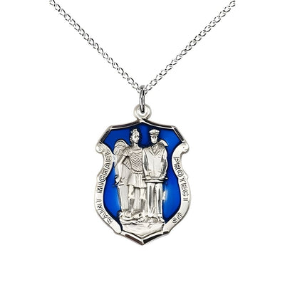St. Michael and Police Officer Sterling Silver Oval Medal Pendant with Sterling Silver Chain, Measures 3/4-inch tall by 1/2-inch wide. Deluxe Gift Box, Bliss Manufacturing