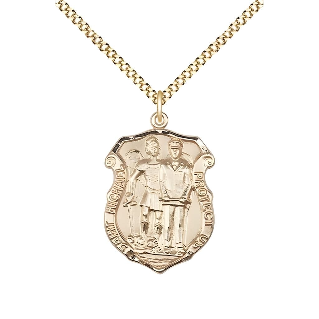 Bliss St. Michael and Police Officer 14kt Gold-filled Oval Medal Pendant with Gold-plated Chain, Measures 3/4-inch tall by 1/2-inch wide. Deluxe Gift Box.