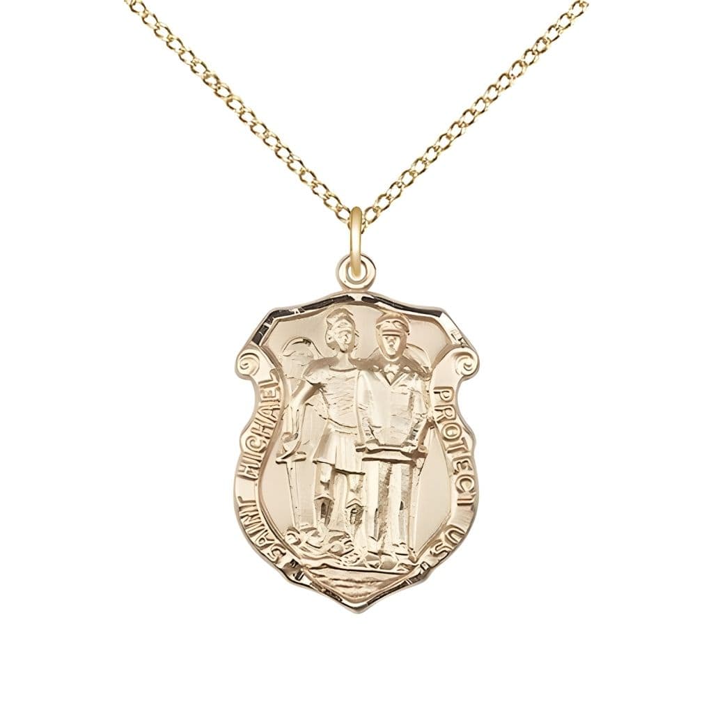 Bliss St. Michael and Police Officer 14kt Gold-filled Oval Medal Pendant with Gold-filled Chain, Measures 3/4-inch tall by 1/2-inch wide. Deluxe Gift Box.