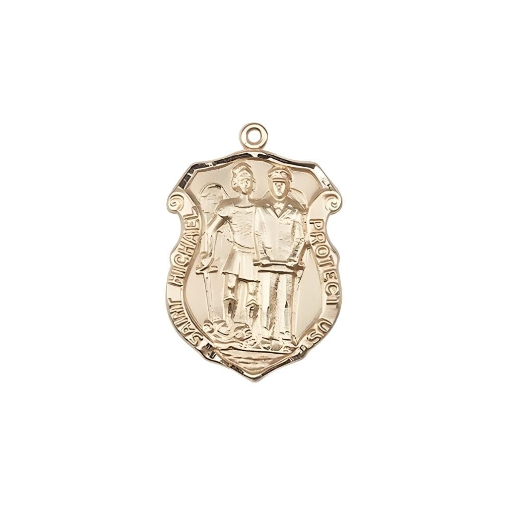 Bliss St. Michael and Police Officer 14kt Gold Oval Medal Pendant, Measures 3/4-inch tall by 1/2-inch wide. Deluxe Gift Box.