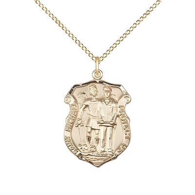 St. Michael and Police Officer 14kt Gold Oval Medal Pendant with 14kt Gold Chain, Measures 3/4-inch tall by 1/2-inch wide. Deluxe Gift Box, Bliss Manufacturing