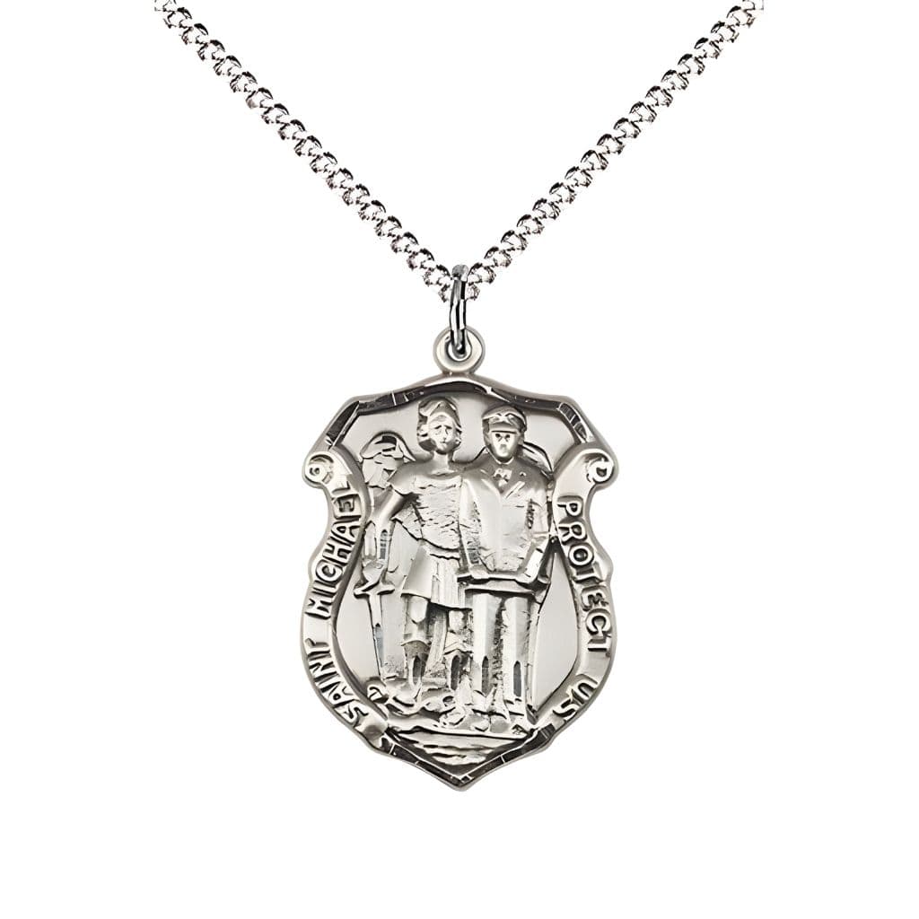 Bliss St. Michael and Police Officer Sterling Silver Oval Medal Pendant with Rhodium-plated Chain, Measures 3/4-inch tall by 1/2-inch wide. Deluxe Gift Box.