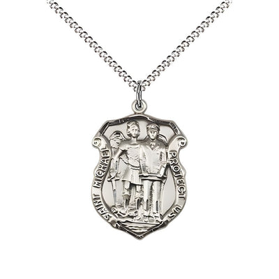 St. Michael and Police Officer Sterling Silver Oval Medal Pendant with Rhodium-plated Chain, Measures 3/4-inch tall by 1/2-inch wide. Deluxe Gift Box, Bliss Manufacturing