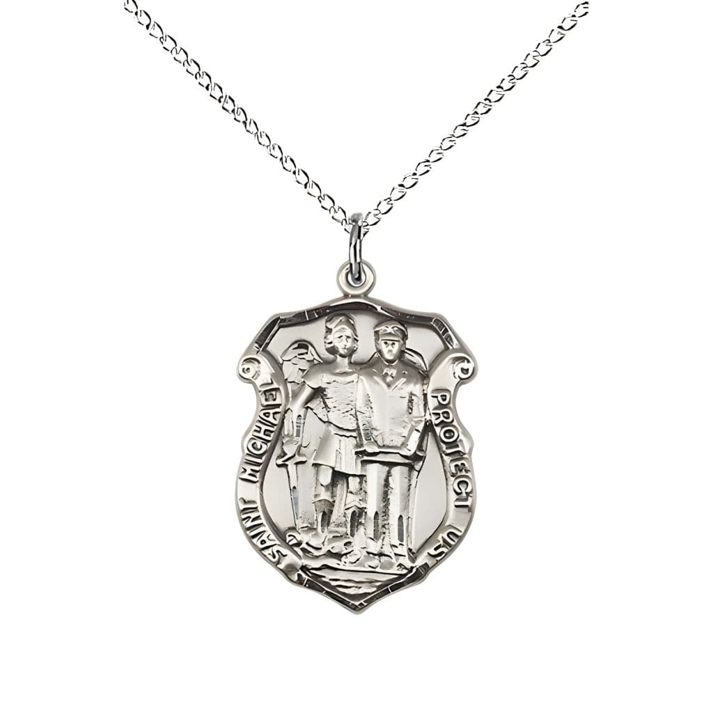 Bliss St. Michael and Police Officer Sterling Silver Oval Medal Pendant with Sterling Silver Chain, Measures 3/4-inch tall by 1/2-inch wide. Deluxe Gift Box.
