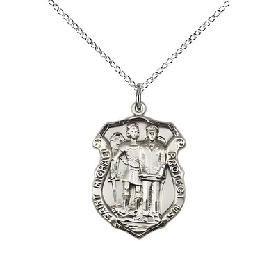 St. Michael and Police Officer Sterling Silver Oval Medal Pendant with Sterling Silver Chain, Measures 3/4-inch tall by 1/2-inch wide. Deluxe Gift Box, Bliss Manufacturing