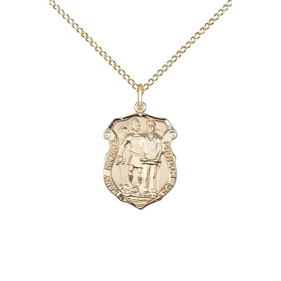 St. Michael and Police Officer 14kt Gold Oval Small Children Medal with 14kt Gold Chain, Measures 5/8-inch tall by 3/8 wide. Deluxe Gift Box, Bliss Manufacturing