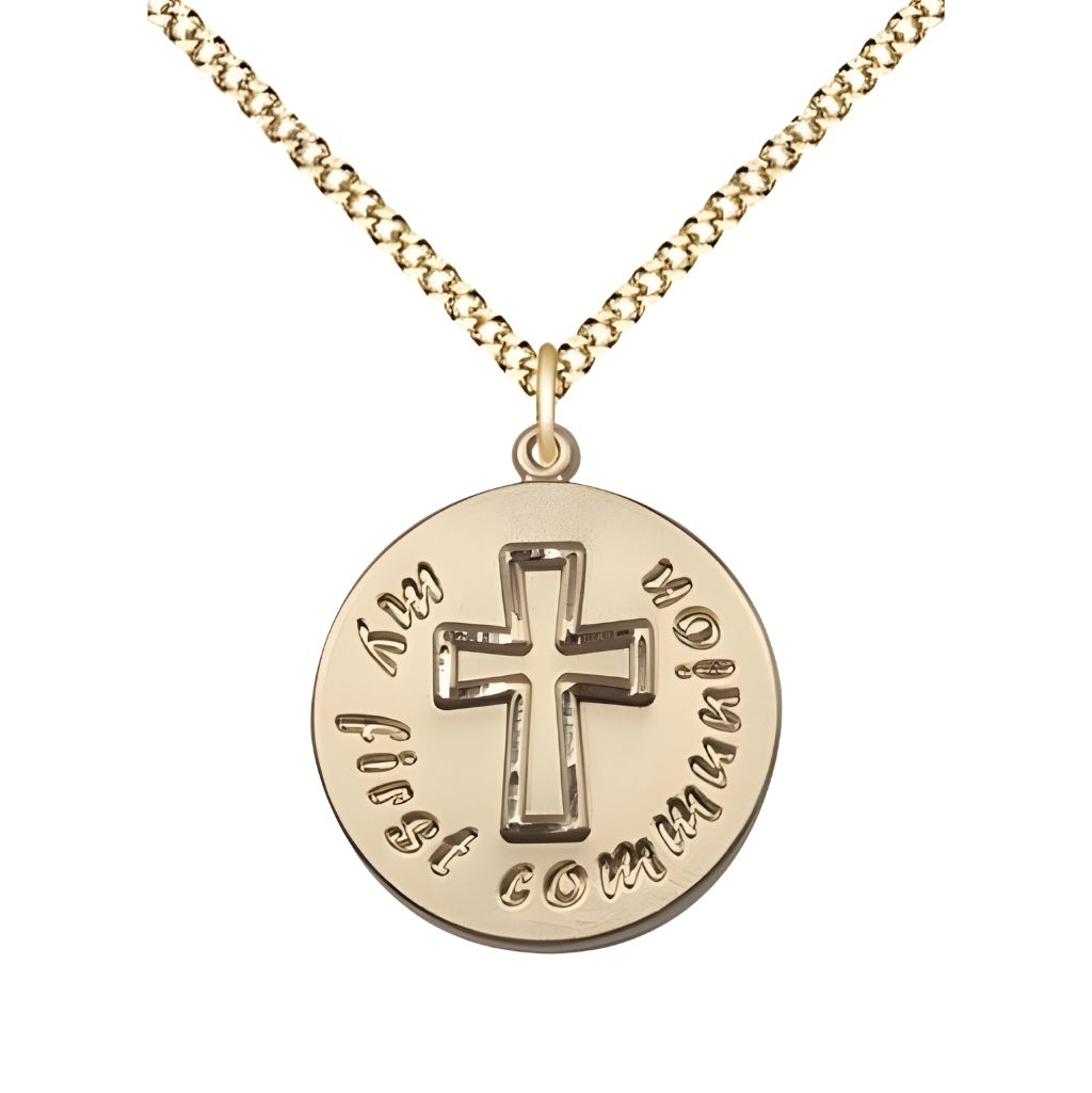 Bliss My First Holy Communion Round 14kt Gold-filled Pendant Necklace with 18-inch Gold-plated Chain, Measures 3/4-inch tall by 5/8-inch wide