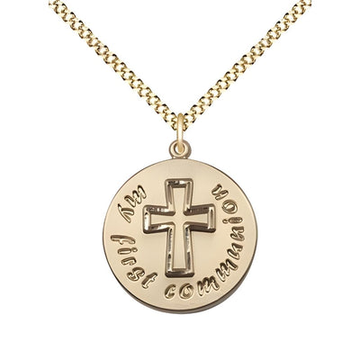 My First Holy Communion Round 14kt Gold-filled Pendant Necklace with 18-inch Gold-plated Chain, Measures 3/4-inch tall by 5/8-inch wide, Bliss Manufacturing