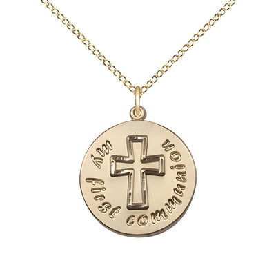 My First Holy Communion Round 14kt Gold-filled Pendant Necklace with 18-inch Gold-filled Chain, Measures 3/4-inch tall by 5/8-inch wide, Bliss Manufacturing