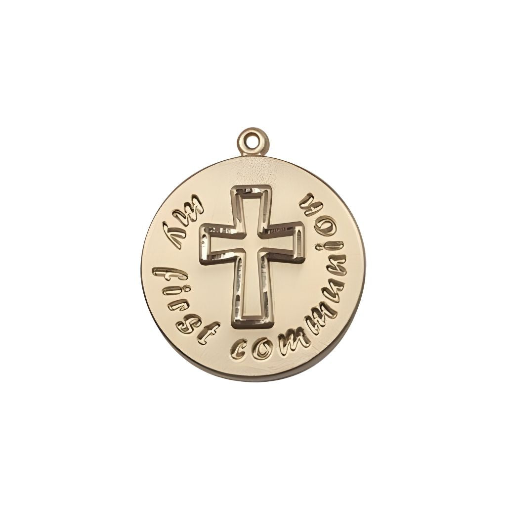 Bliss My First Holy Communion Round 14kt Gold Pendant, Measures 3/4-inch tall by 5/8-inch wide