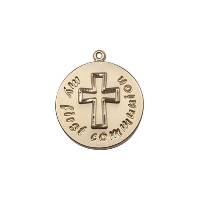 My First Holy Communion Round 14kt Gold Pendant, Measures 3/4-inch tall by 5/8-inch wide, Bliss Manufacturing