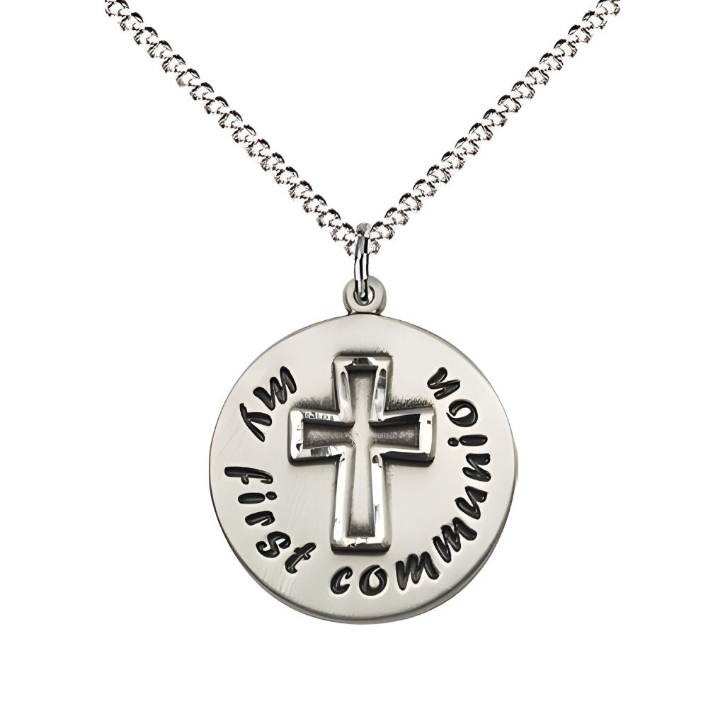 Bliss My First Holy Communion Round Sterling Silver Pendant Necklace with 18-inch Rhodium-plated Chain, Measures 3/4-inch tall by 5/8-inch wide