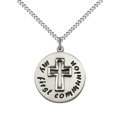 My First Holy Communion Round Sterling Silver Pendant Necklace with 18-inch Rhodium-plated Chain, Measures 3/4-inch tall by 5/8-inch wide, Bliss Manufacturing