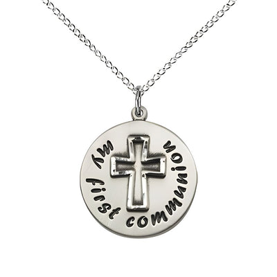 My First Holy Communion Round Sterling Silver Pendant Necklace with 18-inch Sterling Chain, Measures 3/4-inch tall by 5/8-inch wide, Bliss Manufacturing