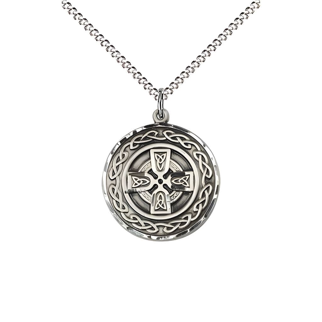 Bliss Irish Communion Cross Sterling Silver Medal with rhodium-plated chain, Measures 3/4-inch tall by 5/8-inch wide