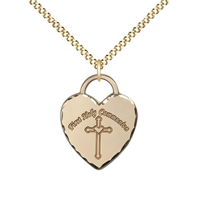 First Holy Communion Heart with Cross 14kt Gold-filled Pendant Necklace with 18-inch Gold-plated Chain, Measures 3/4-inch tall by 5/8-inch wide, Bliss Manufacturing