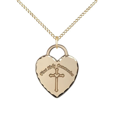 First Holy Communion Heart with Cross 14kt Gold-filled Pendant Necklace with 18-inch Gold-filled Chain, Measures 3/4-inch tall by 5/8-inch wide, Bliss Manufacturing