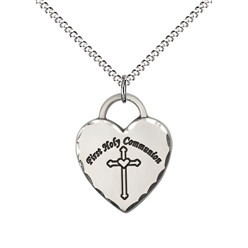 Bliss First Holy Communion Heart with Cross Pewter Pendant Necklace with 18-inch Rhodium-plated Chain, Measures 3/4-inch tall by 5/8-inch wide