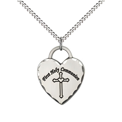 First Holy Communion Heart with Cross Sterling Silver Pendant Necklace with 18-inch Rhodium-plated Chain, Measures 3/4-inch tall by 5/8-inch wide, Bliss Manufacturing