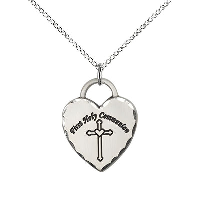 First Holy Communion Heart with Cross Sterling Silver Pendant Necklace with 18-inch Sterling Silver Chain, Measures 3/4-inch tall by 5/8-inch wide, Bliss Manufacturing