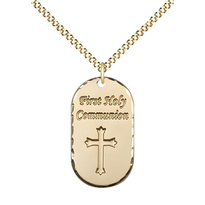 First Holy Communion Dog Tag 14kt Gold-filled Pendant Necklace with 18-inch Gold-plated Chain, Measures 3/4-inch tall by 5/8-inch wide, Bliss Manufacturing