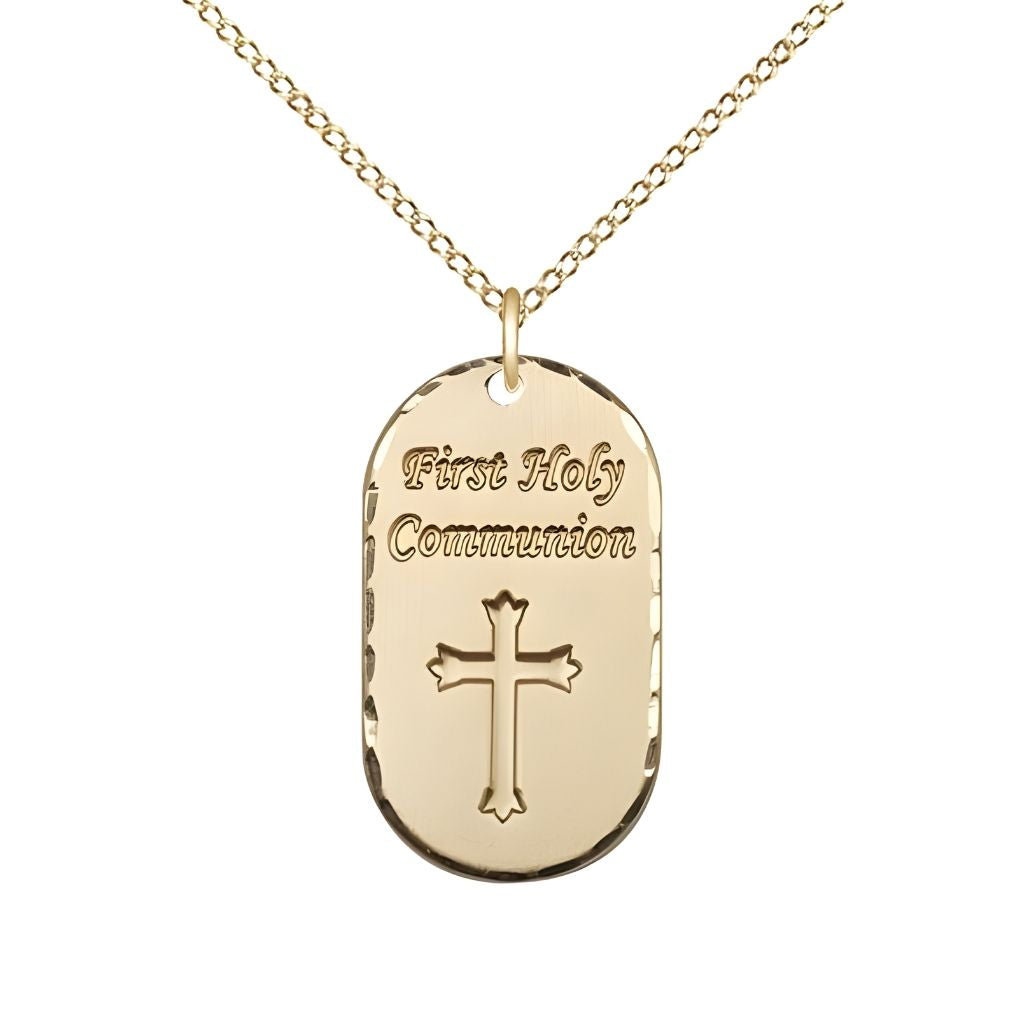 Bliss First Holy Communion Dog Tag 14kt Gold-filled Pendant Necklace with 18-inch Gold-filled Chain, Measures 3/4-inch tall by 5/8-inch wide