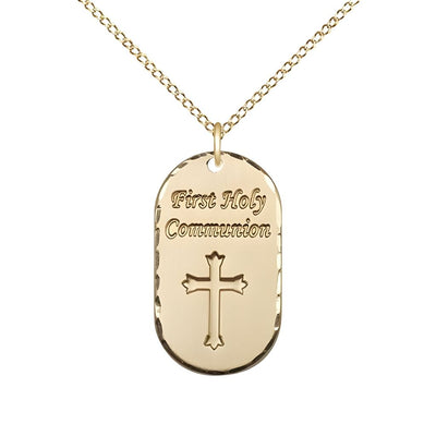 First Holy Communion Dog Tag 14kt Gold-filled Pendant Necklace with 18-inch Gold-filled Chain, Measures 3/4-inch tall by 5/8-inch wide, Bliss Manufacturing