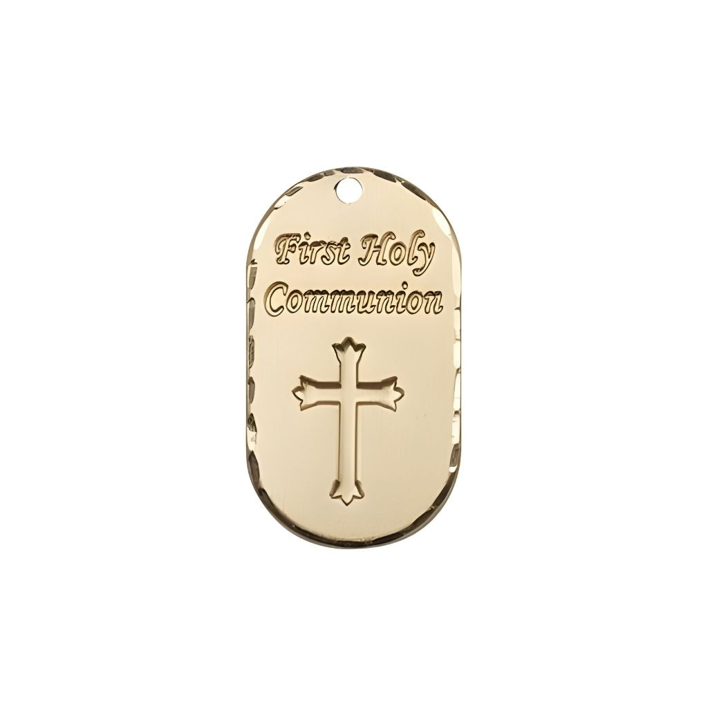 Bliss First Holy Communion Dog Tag 14kt Gold Pendant, Measures 3/4-inch tall by 5/8-inch wide