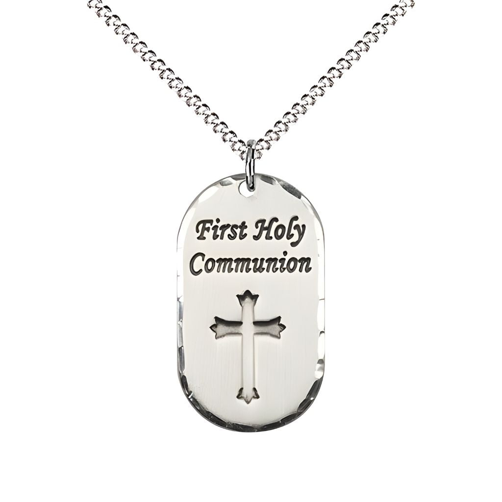 Bliss First Holy Communion Dog Tag Pewter Pendant Necklace with 18-inch Rhodium-plated Chain, Measures 3/4-inch tall by 5/8-inch wide