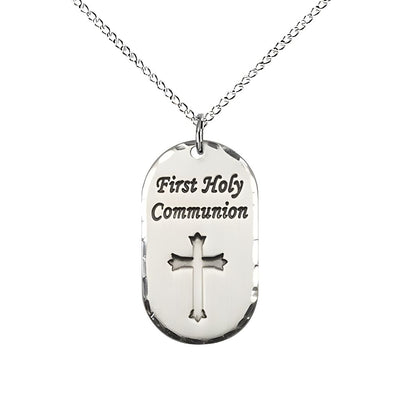 First Holy Communion Dog Tag Sterling Silver Pendant Necklace with 18-inch Sterling Silver Chain, Measures 3/4-inch tall by 5/8-inch wide, Bliss Manufacturing