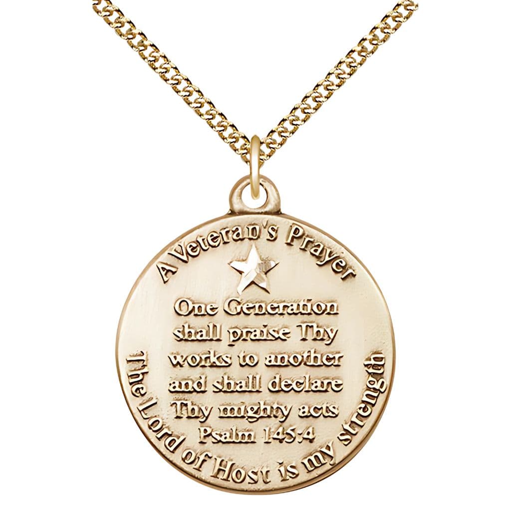 USA-made Veteran's Prayer Medal in 14kt gold featuring Psalm 145:4' engravable, chain, deluxe gift box,