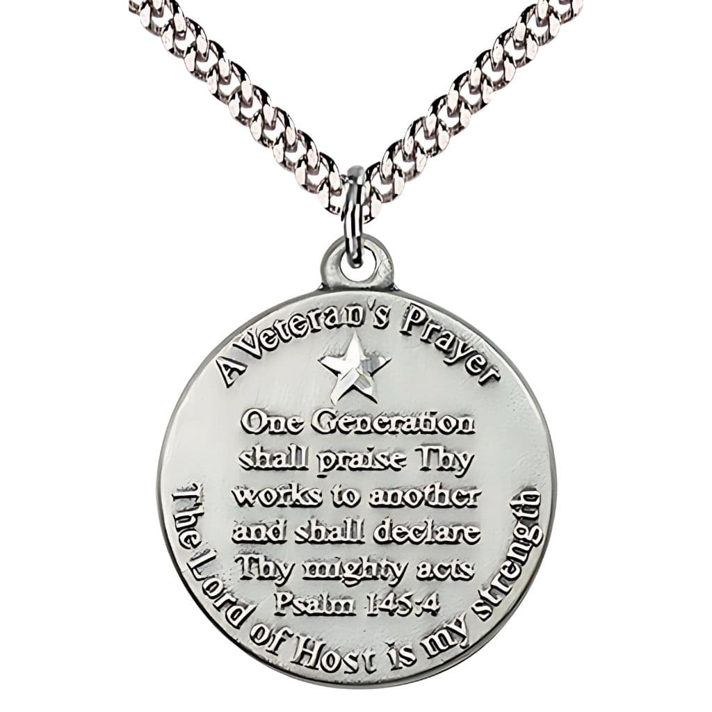 USA-made Veteran's Prayer Medal in sterling silver featuring Psalm 145:4' engravable, deluxe gift box,