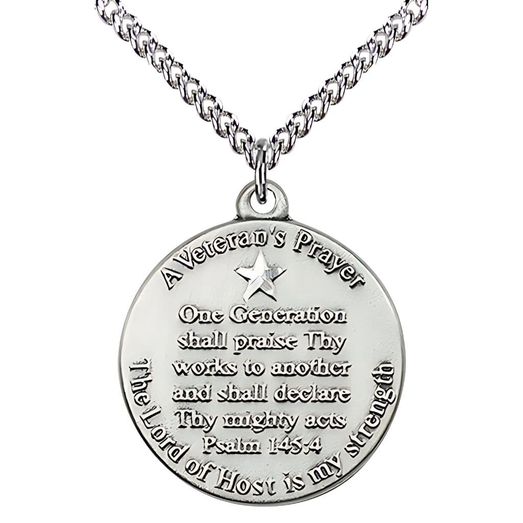 USA-made Veteran's Prayer Medal in sterling silver featuring Psalm 145:4' engravable, sterling chain deluxe gift box,