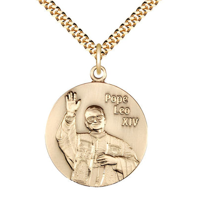 Pope Leo XIV 14kt Gold-filled Round Medal with a matching gold-plated chain and optional engraving, Medal Measures: 1 1/4" tall x 1 1/8" wide, Bliss Manufacturing