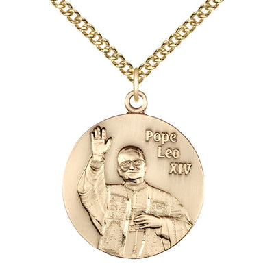 Pope Leo XIV 14kt Gold Round Medal with a matching 14kt gold chain and optional engraving, Medal Measures: 1 1/4" tall x 1 1/8" wide, Bliss Manufacturing
